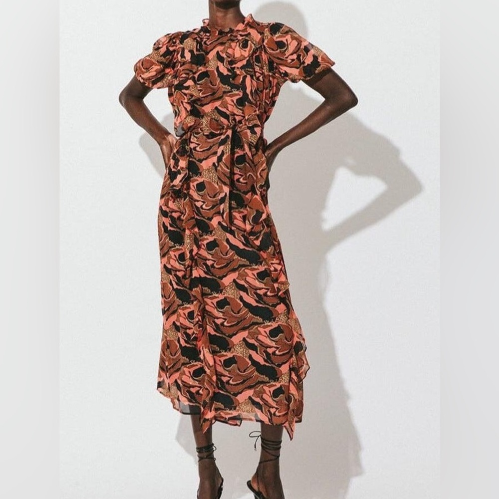 Cleobella Midi Dress in Coral, Black & Tan Abstract Print
